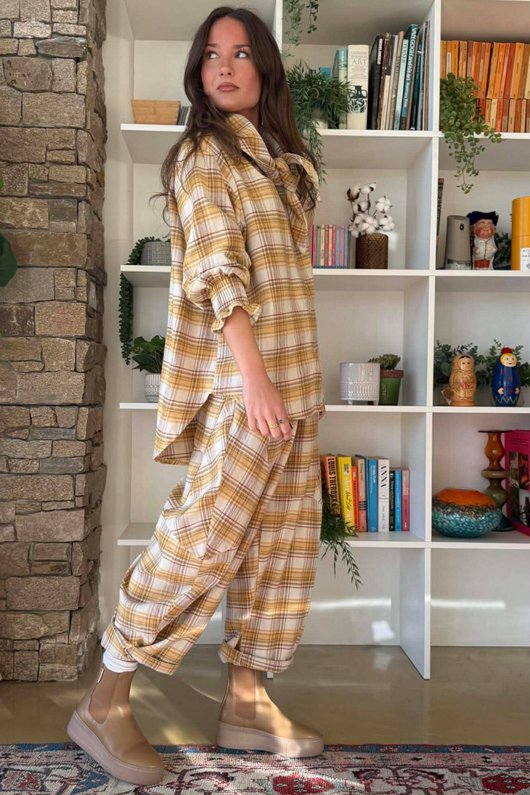 Agnes Plaid Brushed Cotton Neckerchief Blouse Soft Dijon